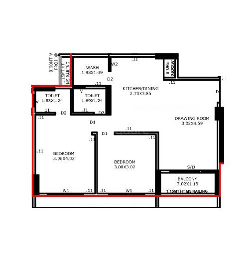 Floor plan of 2 BHK 574 Sq. Ft. Apartment in Green Garnet, Ahmedabad