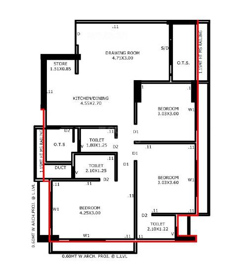 Floor plan of 3 BHK 779 Sq. Ft. Apartment in Green Garnet, Ahmedabad