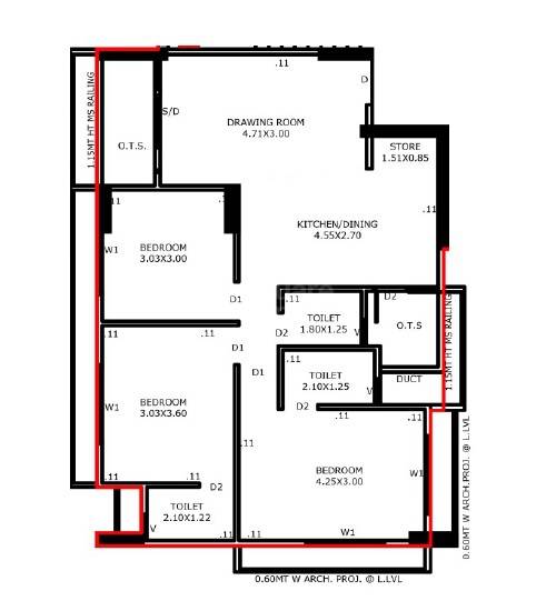 Floor plan of 3 BHK 834 Sq. Ft. Apartment in Green Garnet, Ahmedabad