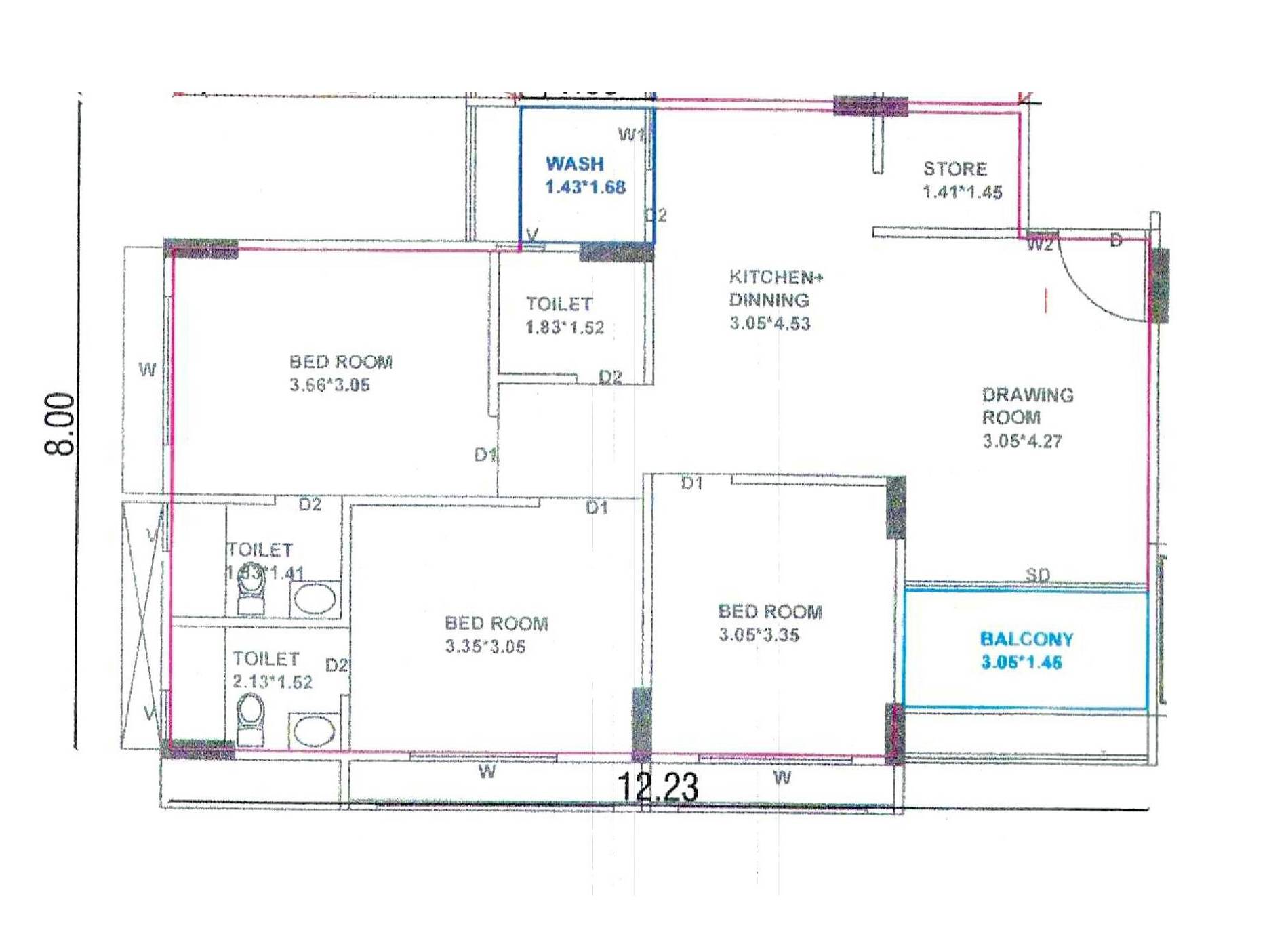 Floor plan of 3 BHK 1800 Sq. Ft. Apartment in Green Rivera Heights, Ahmedabad