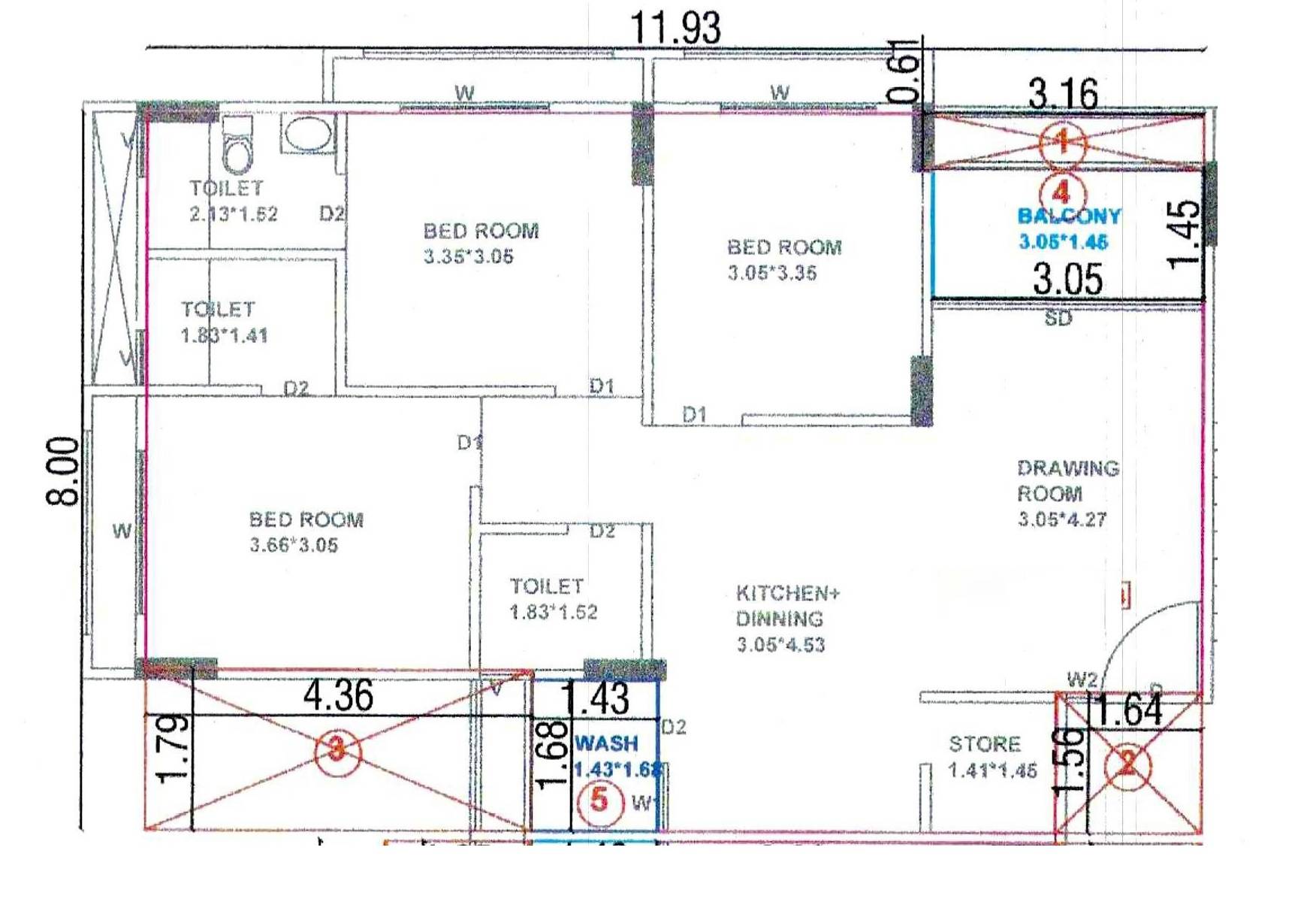 Floor plan of 3 BHK 2070 Sq. Ft. Apartment in Green Rivera Heights, Ahmedabad