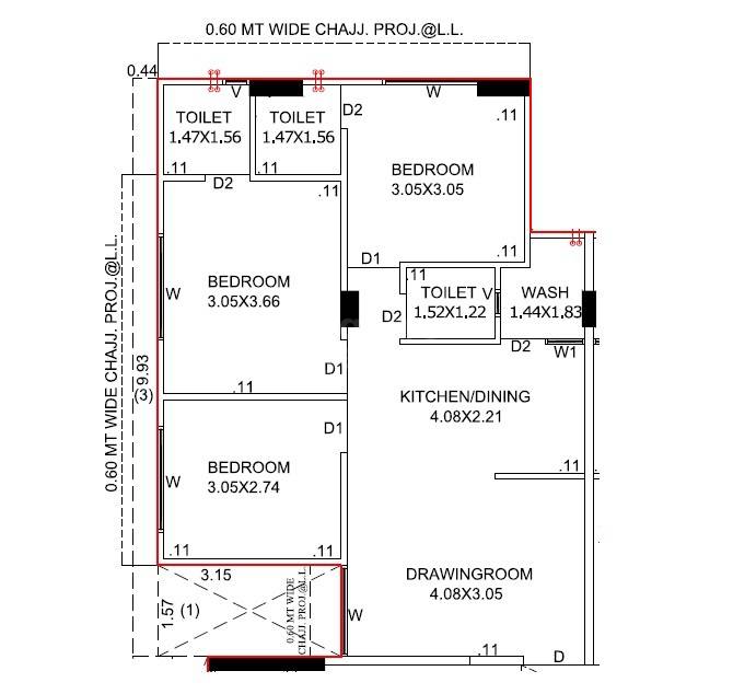 Floor plan of 3 BHK 655 Sq. Ft. Apartment in Happy Aadesh, Ahmedabad