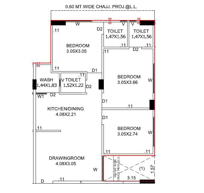 Floor plan of 3 BHK 669 Sq. Ft. Apartment in Happy Aadesh, Ahmedabad