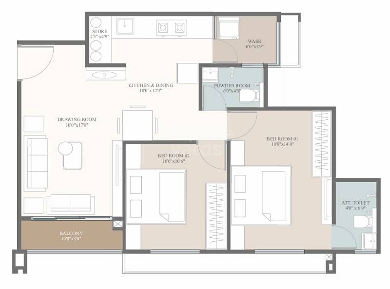 Floor plan of 2 BHK 1300 Sq. Ft. Apartment in Happy Uptown, Ahmedabad