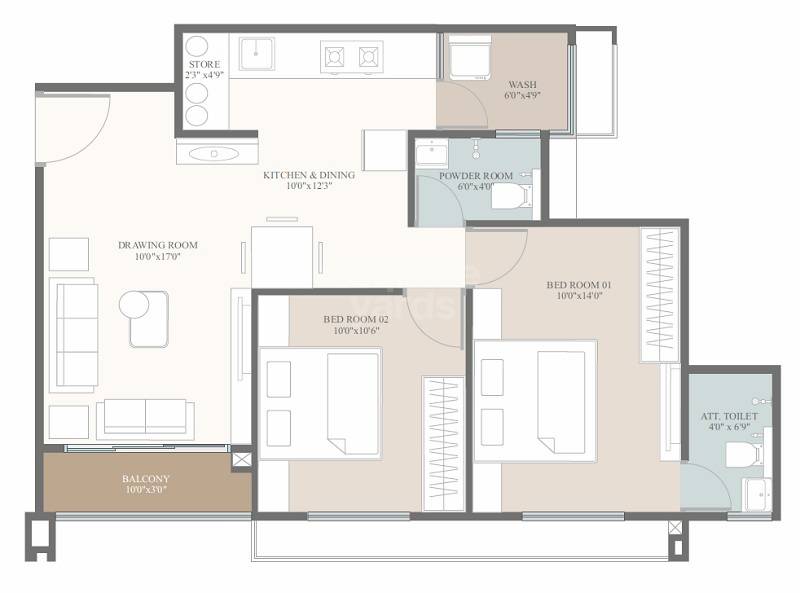 2 BHK 1300 Sq. Ft. Apartment