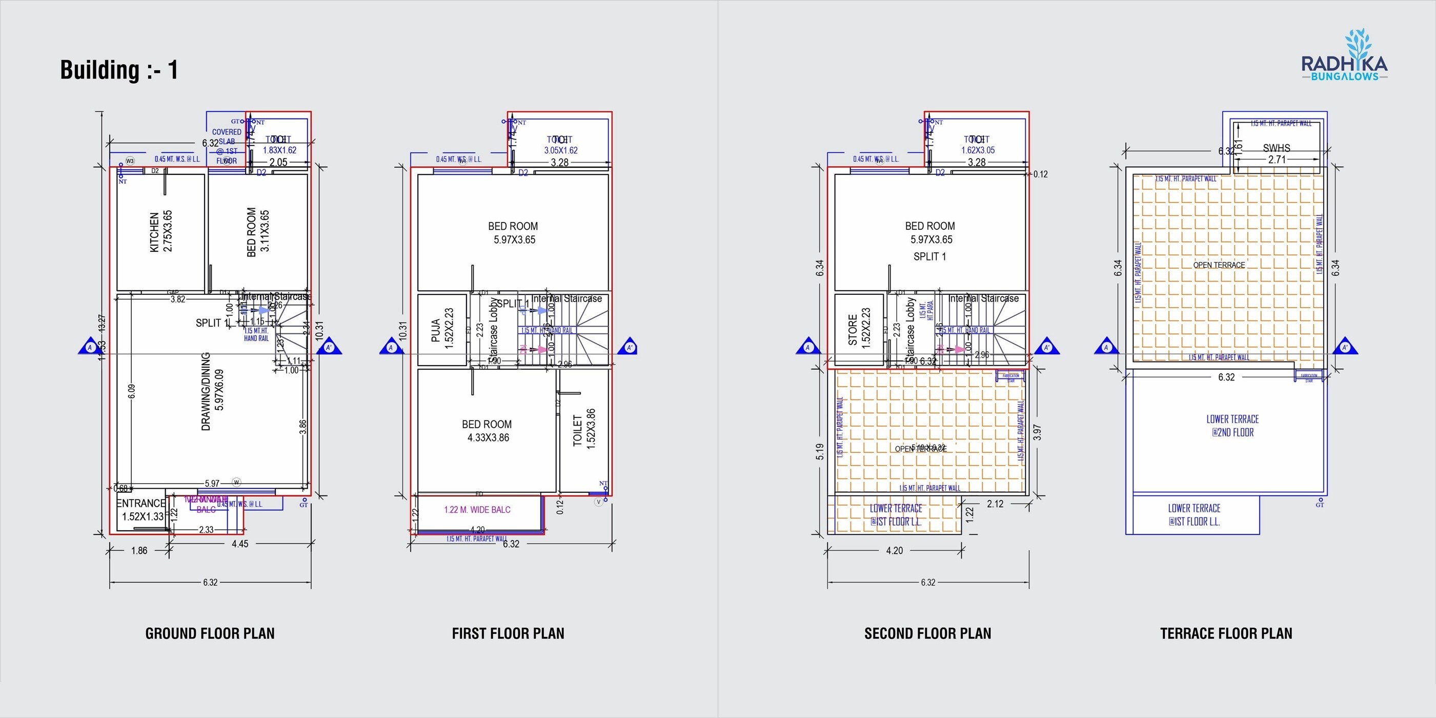 Floor plan of 4 BHK 1382 Sq. Ft. Villa in Harika Radhika Bungalows, Ahmedabad