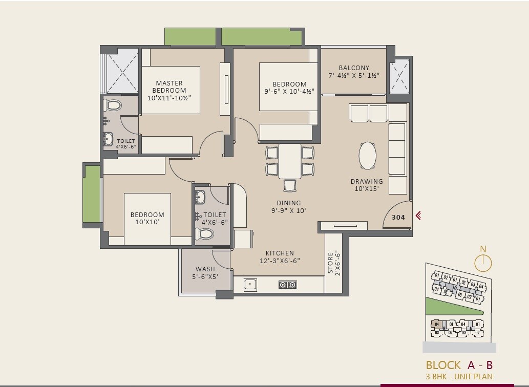 Floor plan of 3 BHK 747 Sq. Ft. Apartment in Himalaya Pinnacle Phase 2, Ahmedabad