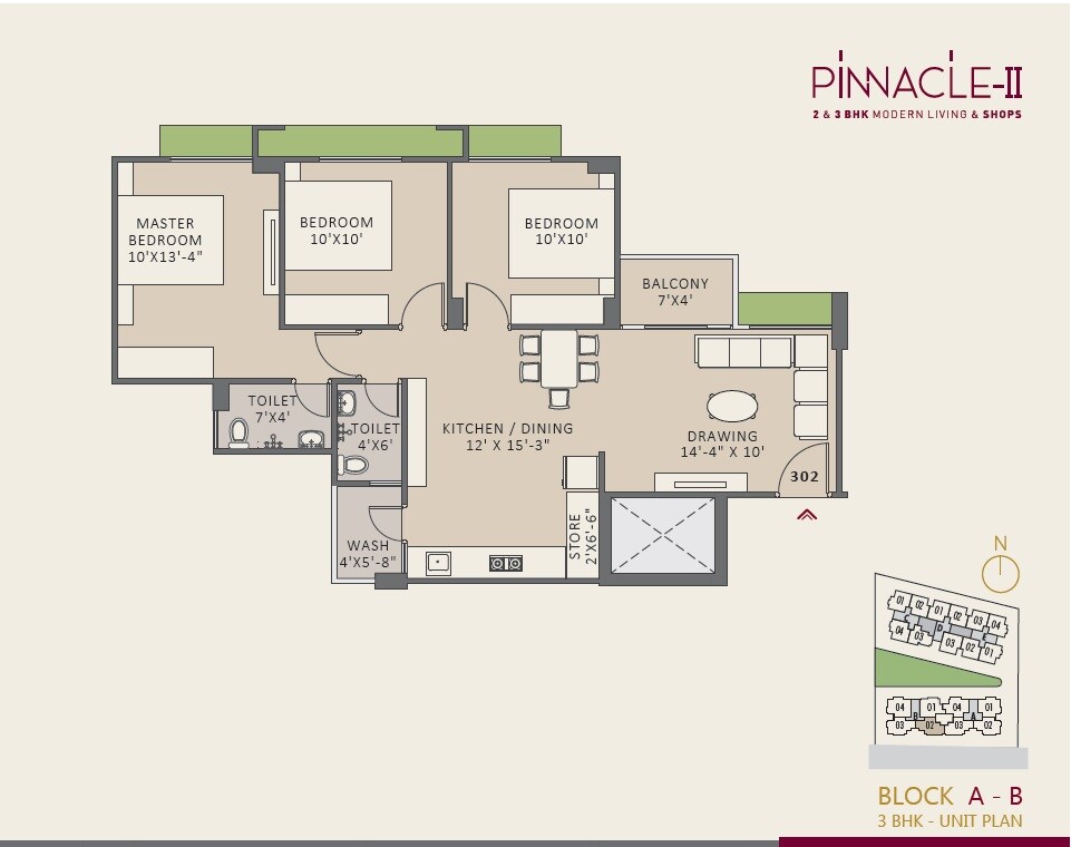 Floor plan of 3 BHK 765 Sq. Ft. Apartment in Himalaya Pinnacle Phase 2, Ahmedabad