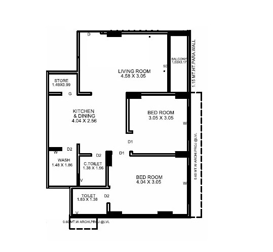 Floor plan of 2 BHK 583 Sq. Ft. Apartment in Hiradhan Suviral Apartment, Ahmedabad