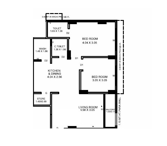 Floor plan of 2 BHK 610 Sq. Ft. Apartment in Hiradhan Suviral Apartment, Ahmedabad