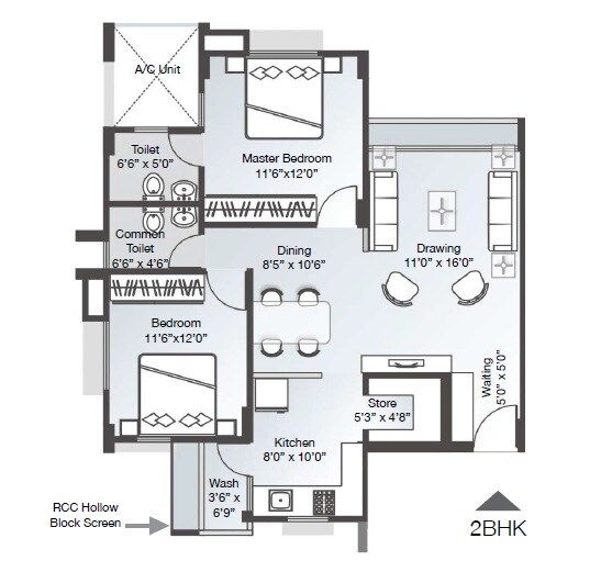 Floor plan of 2 BHK 1170 Sq. Ft. Apartment in HN Safal Parisar, Ahmedabad