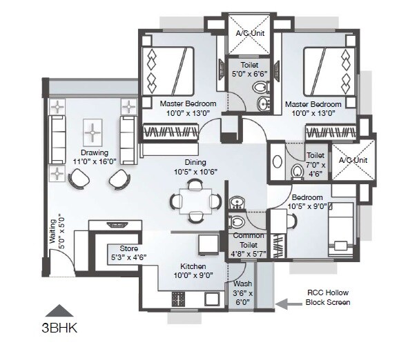 Floor plan of 3 BHK 1470 Sq. Ft. Apartment in HN Safal Parisar, Ahmedabad