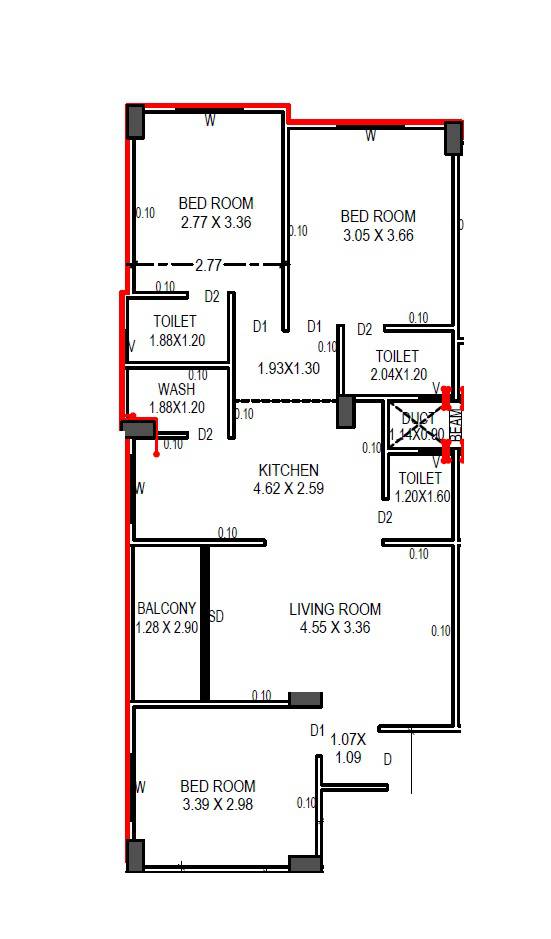 Floor plan of 3 BHK 801 Sq. Ft. Apartment in HND Kushal Apartment, Ahmedabad