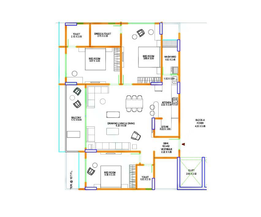 Floor plan of 3 BHK 1508 Sq. Ft. Apartment in Horizon Kiara Legacy, Ahmedabad