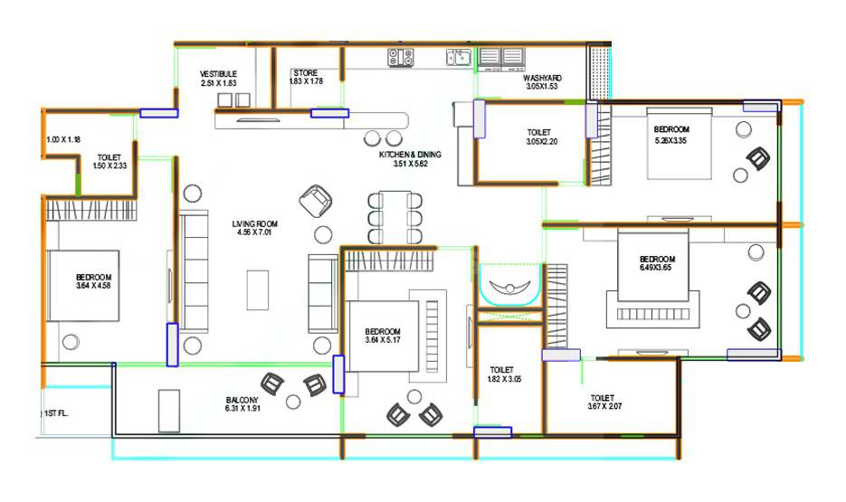 Floor plan of 4 BHK 1992 Sq. Ft. Apartment in Horizon Kiara Legacy, Ahmedabad