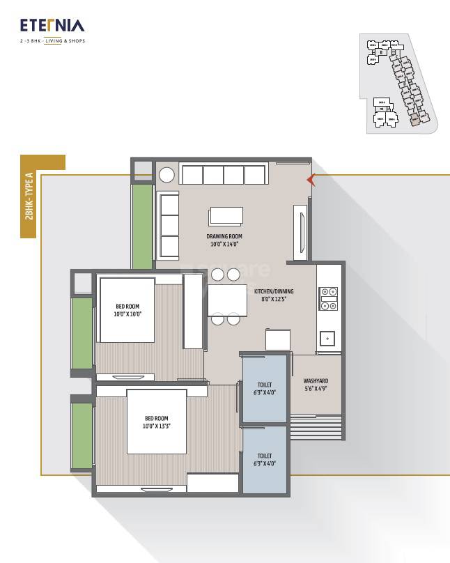 Floor plan of 2 BHK 1100 Sq. Ft. Apartment in HR Eternia, Ahmedabad