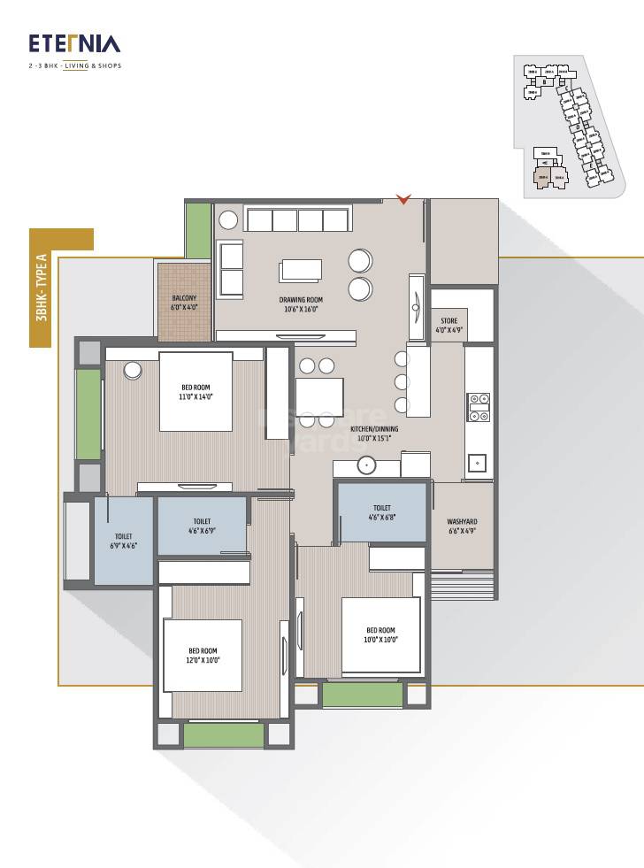 Floor plan of 3 BHK 1750 Sq. Ft. Apartment in HR Eternia, Ahmedabad