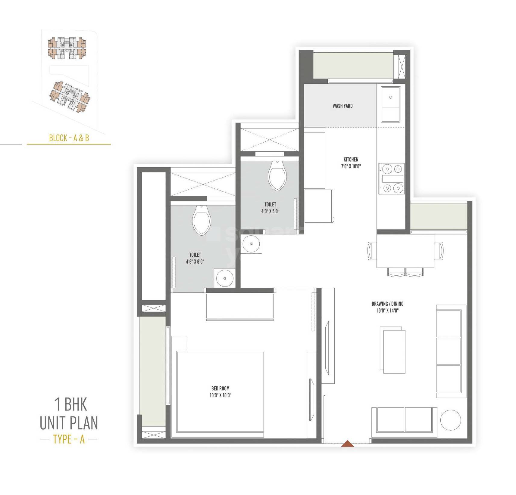 Floor plan of 1 BHK 760 Sq. Ft. Apartment in HR Evernest, Ahmedabad