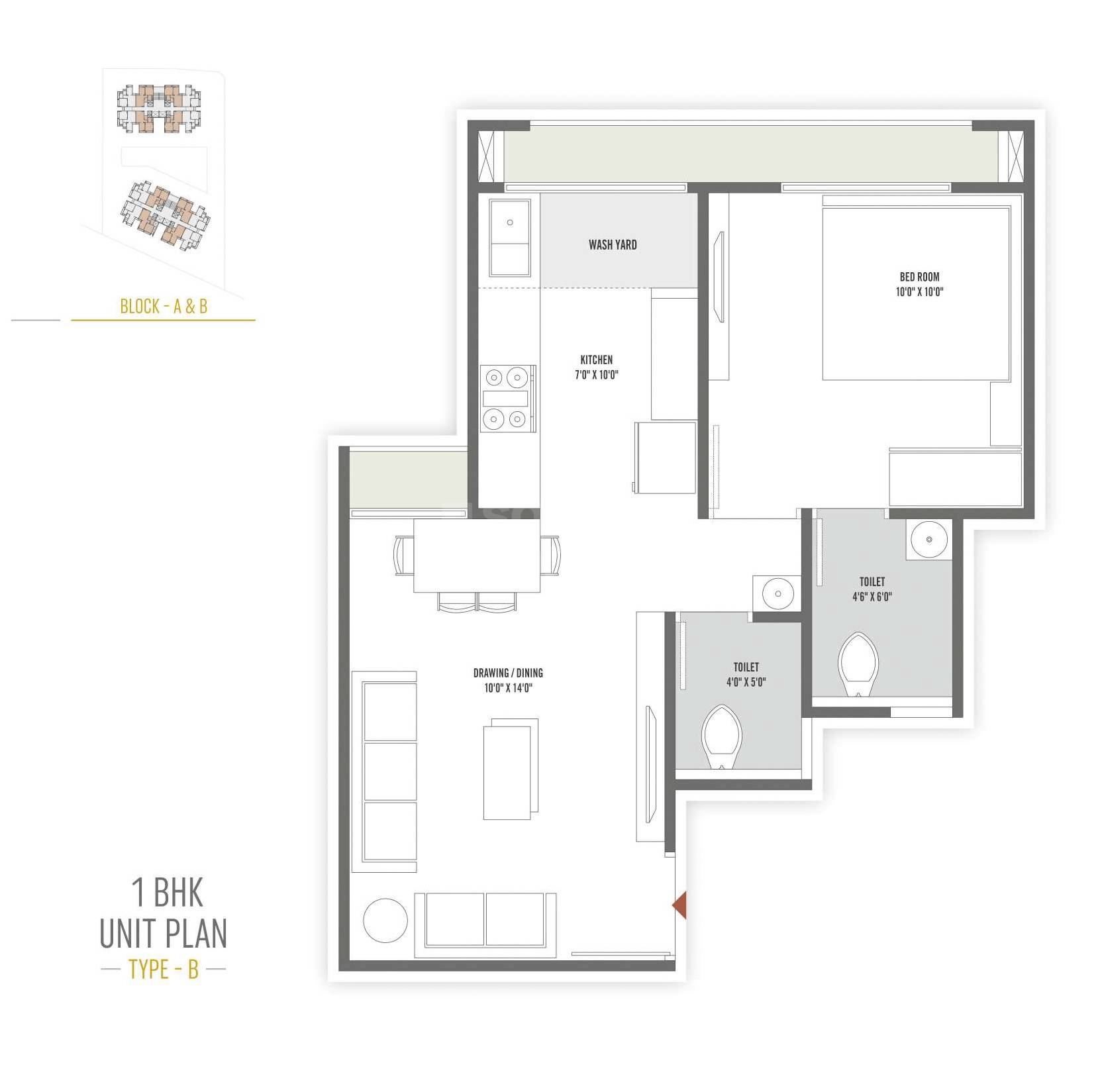 Floor plan of 1 BHK 775 Sq. Ft. Apartment in HR Evernest, Ahmedabad