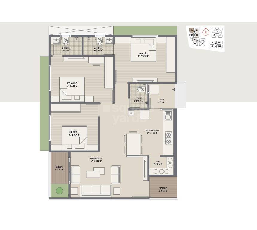 3 BHK 1845 Sq. Ft. Apartment