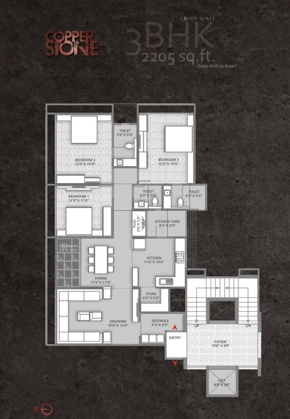 Floor plan of 3 BHK 2205 Sq. Ft. Apartment in Infinity Copper Stone, Ahmedabad