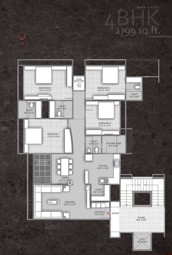 Floor plan of 4 BHK 2799 Sq. Ft. Apartment in Infinity Copper Stone, Ahmedabad