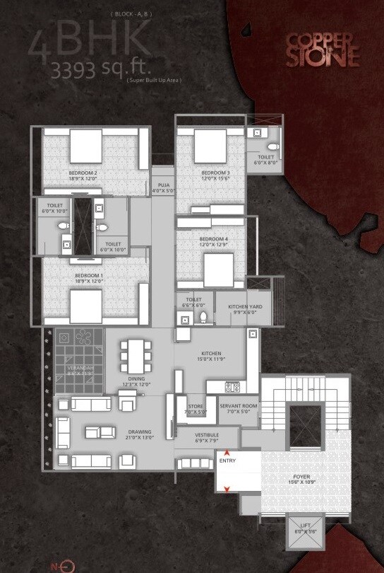Floor plan of 4 BHK 3393 Sq. Ft. Apartment in Infinity Copper Stone, Ahmedabad