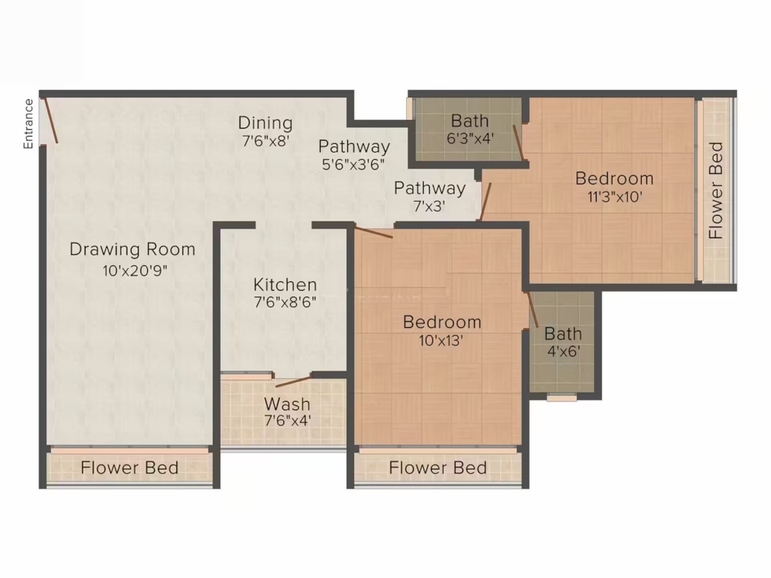 Floor plan of 2 BHK Apartment - 1485 sq. ft. in Infinity Hateem Enclave, Ahmedabad