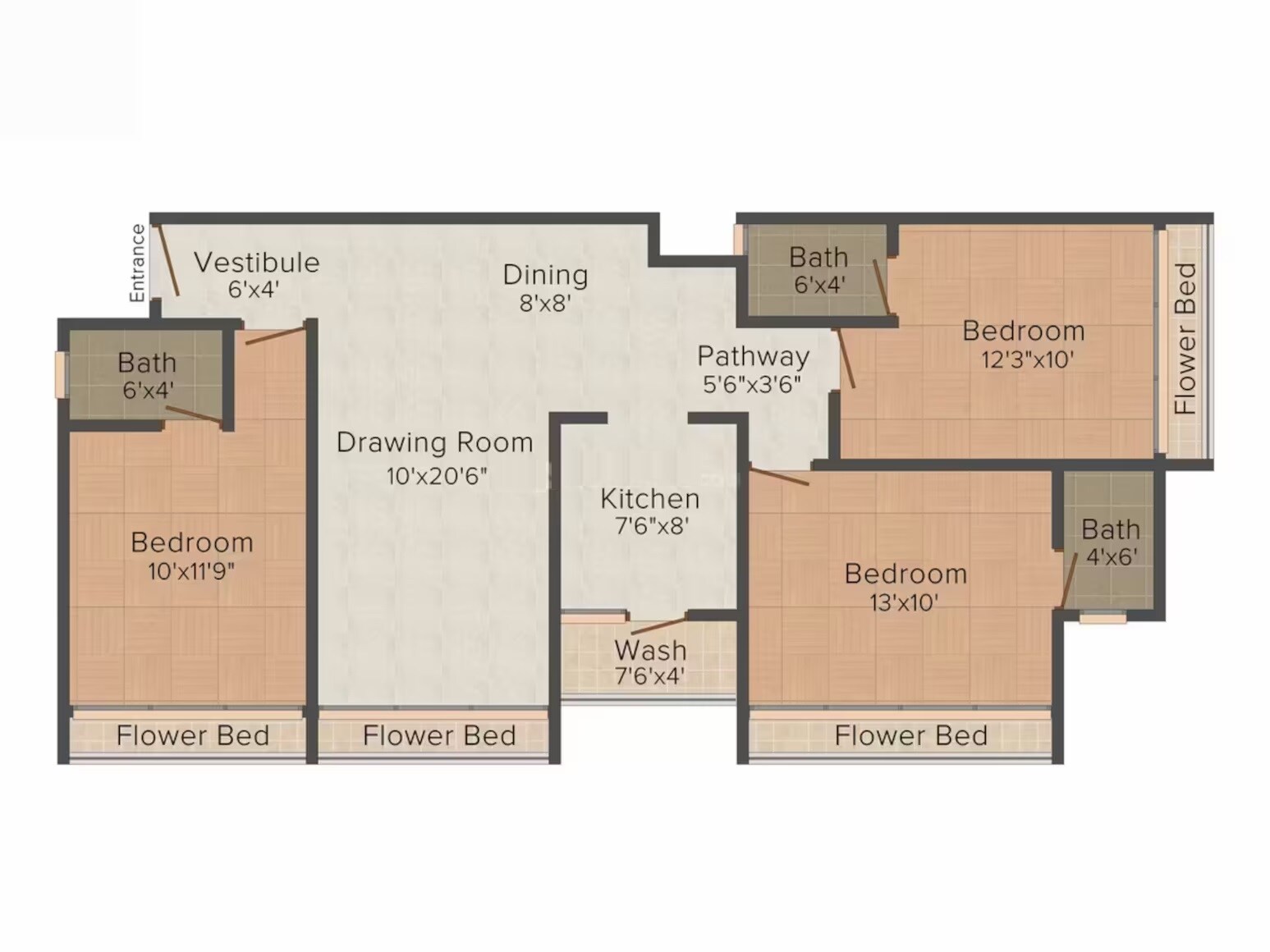 Floor plan of 3 BHK Apartment - 1665 sq. ft. in Infinity Hateem Enclave, Ahmedabad