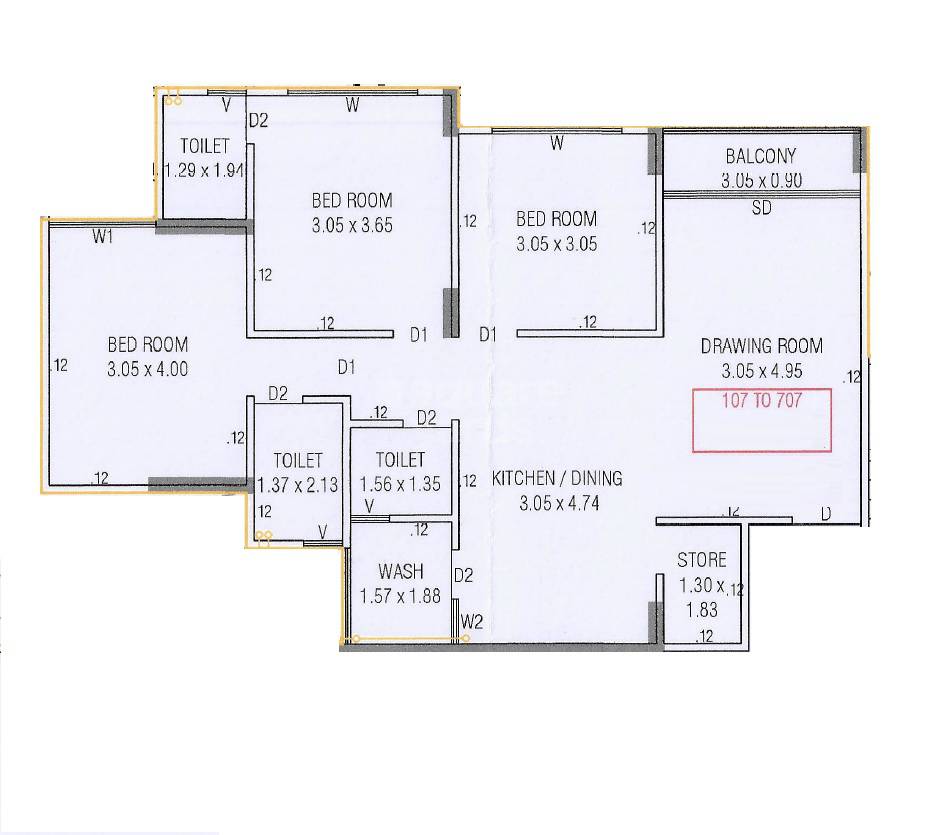 Floor plan of 3 BHK 873 Sq. Ft. Apartment in Jay Visat Mangalya 1, Ahmedabad