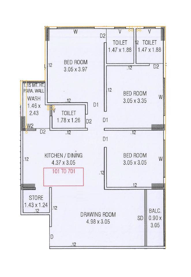 Floor plan of 3 BHK 880 Sq. Ft. Apartment in Jay Visat Mangalya 1, Ahmedabad