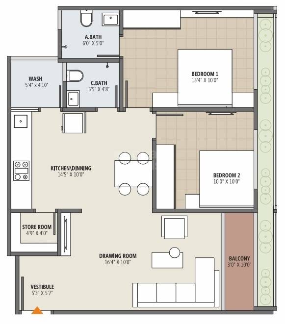 Floor plan of 2 BHK 1359 Sq. Ft. Apartment in Jay Visat Mangalya, Ahmedabad