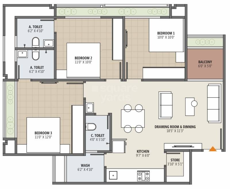 Floor plan of 3 BHK 1539 Sq. Ft. Apartment in Jay Visat Mangalya, Ahmedabad