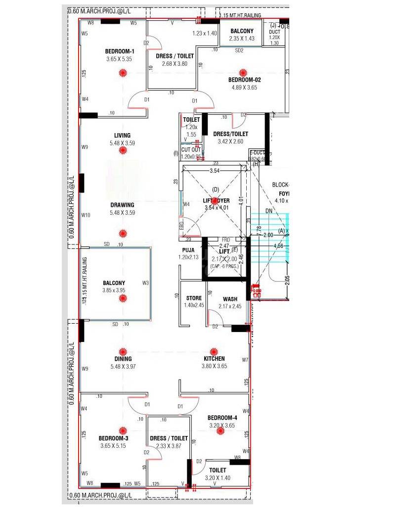 Floor plan of 4 BHK 2216 Sq. Ft. Apartment in Jaydeep Alphabet, Ahmedabad