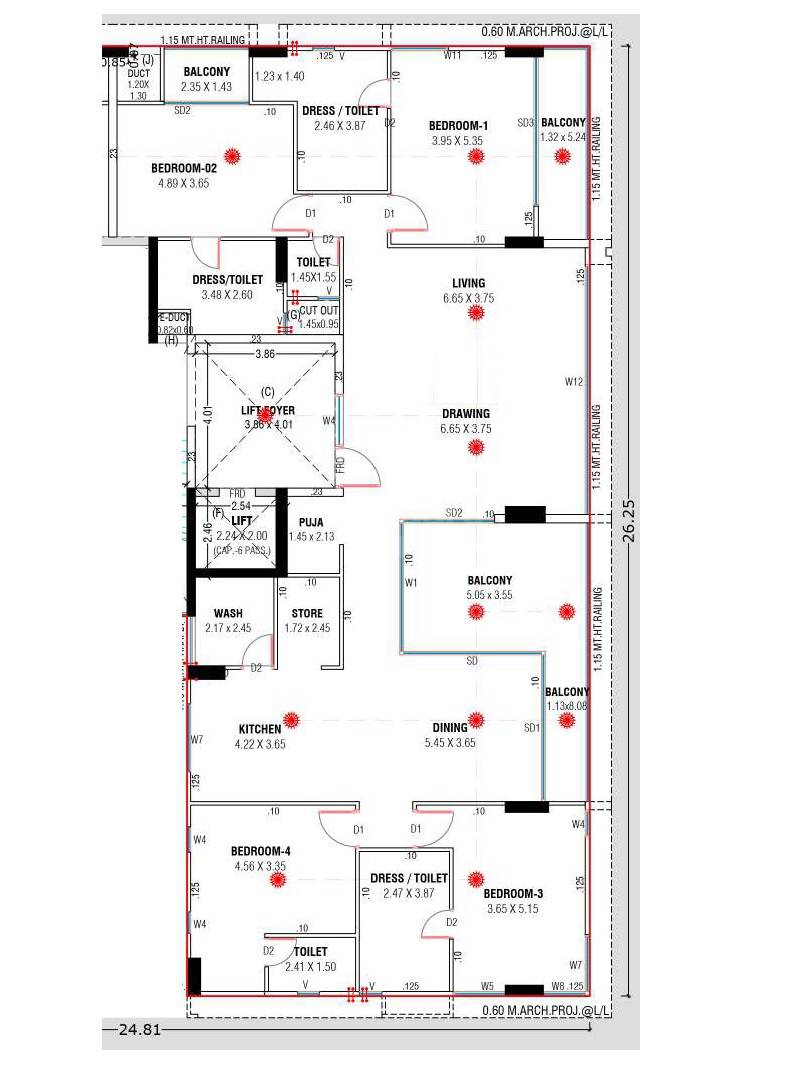 Floor plan of 4 BHK 2468 Sq. Ft. Apartment in Jaydeep Alphabet, Ahmedabad