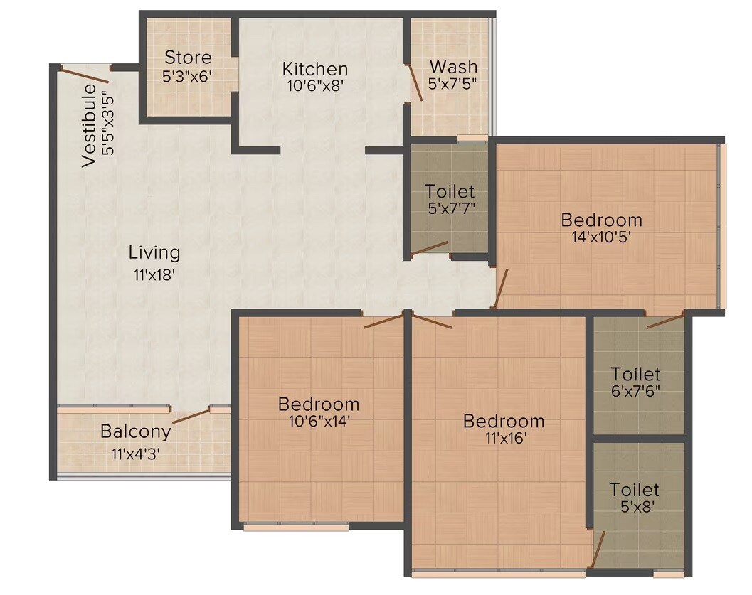 Floor plan of 3 BHK 1985 Sq. Ft. Apartment in JP Iscon Platinum, Ahmedabad