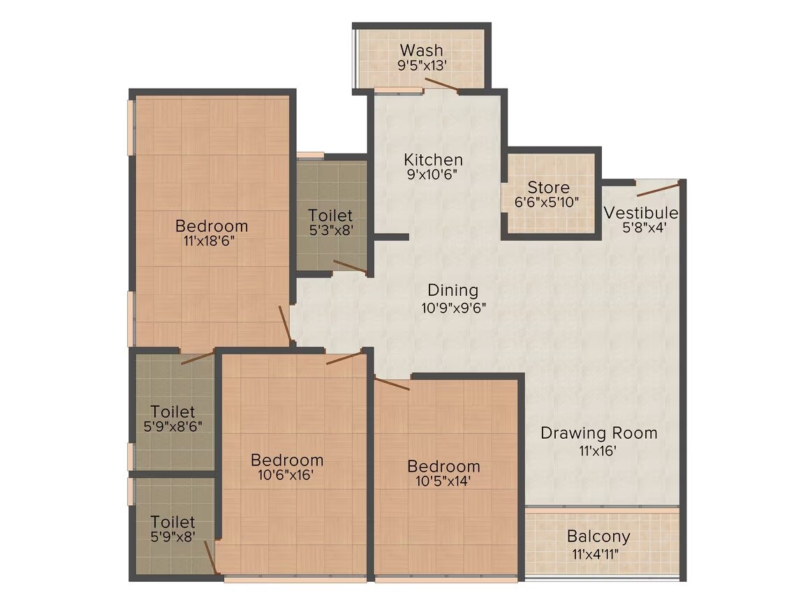 Floor plan of 3 BHK 2285 Sq. Ft. Apartment in JP Iscon Platinum, Ahmedabad