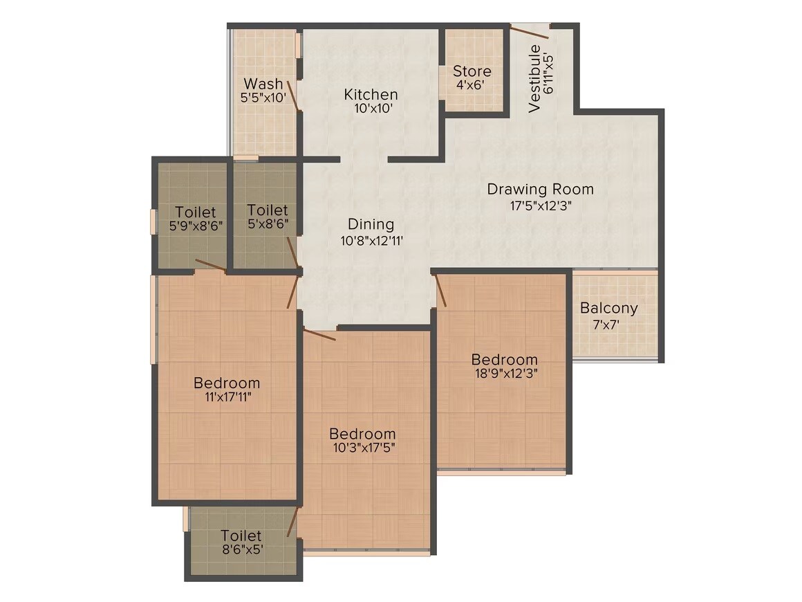 Floor plan of 3 BHK 2305 Sq. Ft. Apartment in JP Iscon Platinum, Ahmedabad