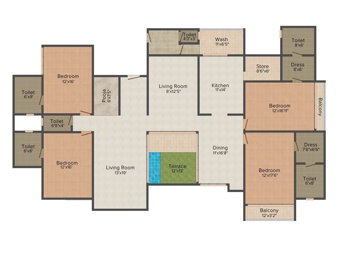 Floor plan of 4 BHK 4385 Sq. Ft. Apartment in JP Iscon Platinum, Ahmedabad