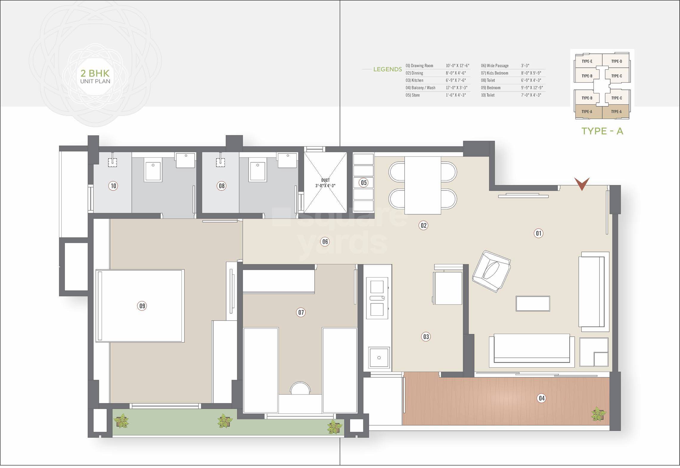 Floor plan of 2 BHK 1170 Sq. Ft. Apartment in K3 Orium, Ahmedabad