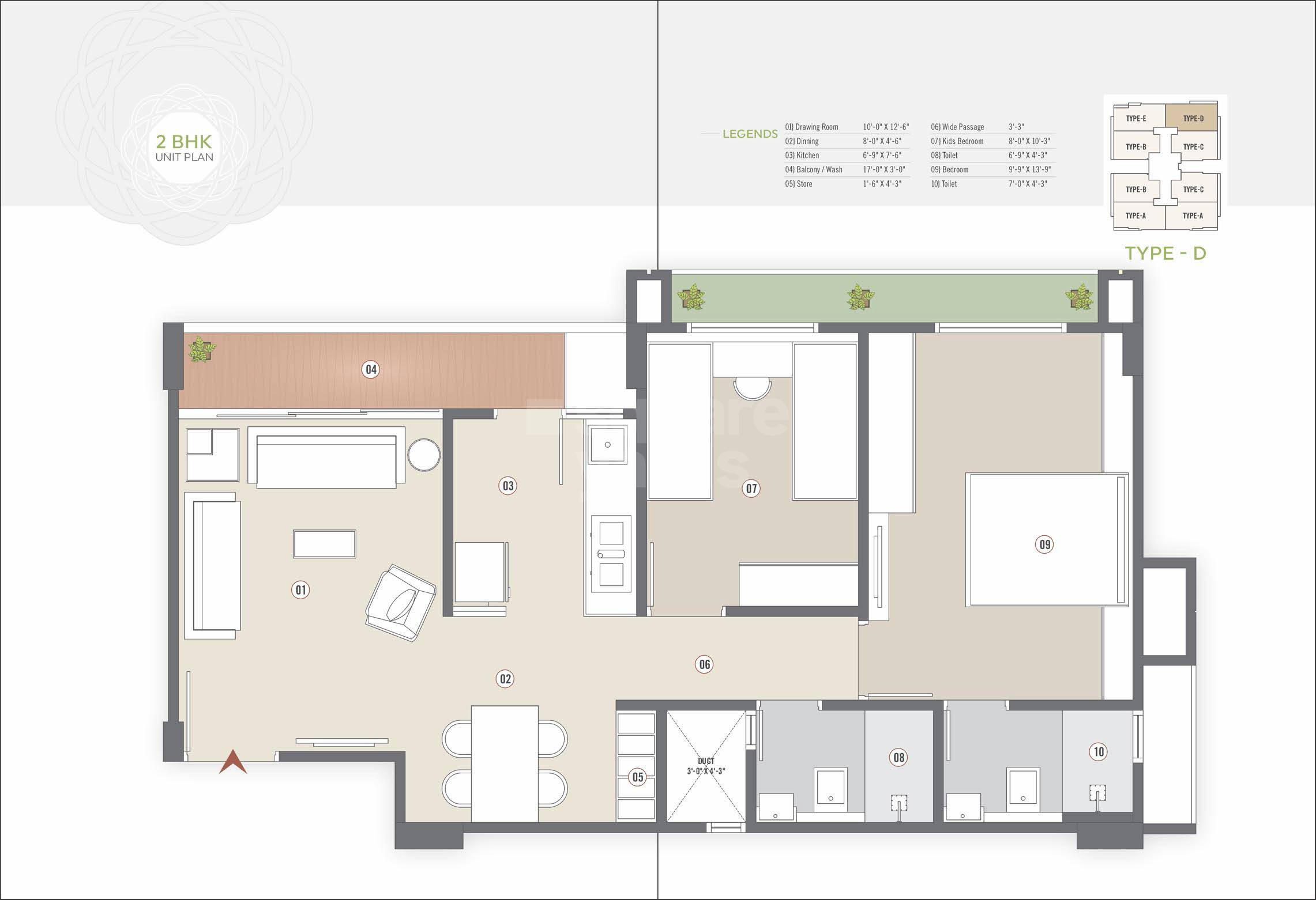 Floor plan of 2 BHK 1260 Sq. Ft. Apartment in K3 Orium, Ahmedabad