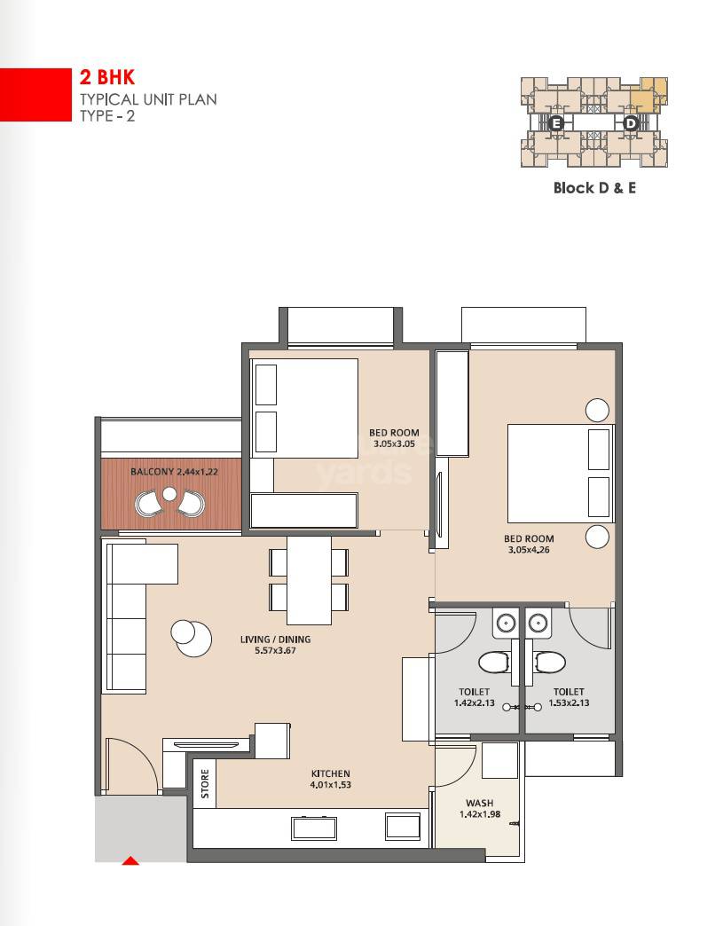 Floor plan of 2 BHK 1359 Sq. Ft. Apartment in Kaavyaratna Pravesh, Ahmedabad