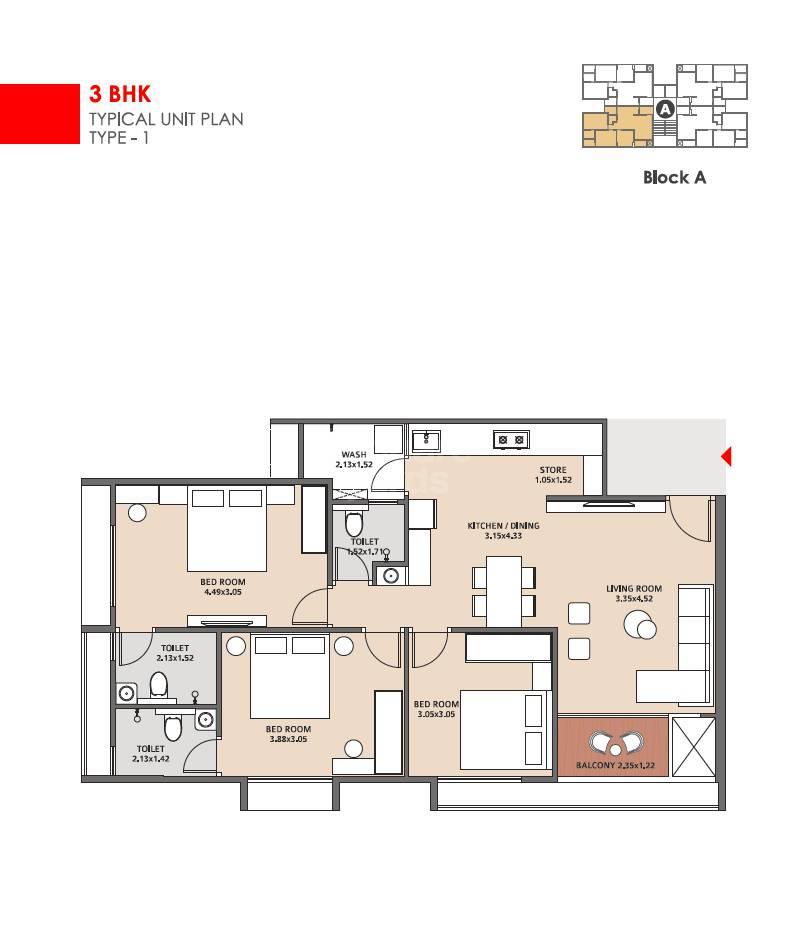 Floor plan of 3 BHK 1746 Sq. Ft. Apartment in Kaavyaratna Pravesh, Ahmedabad