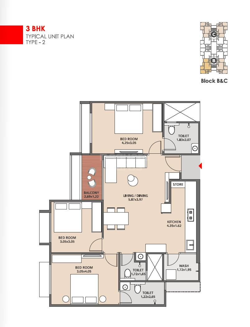 Floor plan of 3 BHK 1755 Sq. Ft. Apartment in Kaavyaratna Pravesh, Ahmedabad