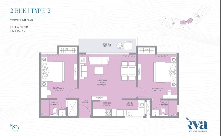 Floor plan of 2 BHK 1426 Sq. Ft. Apartment in Kaavyaratna Reva, Ahmedabad