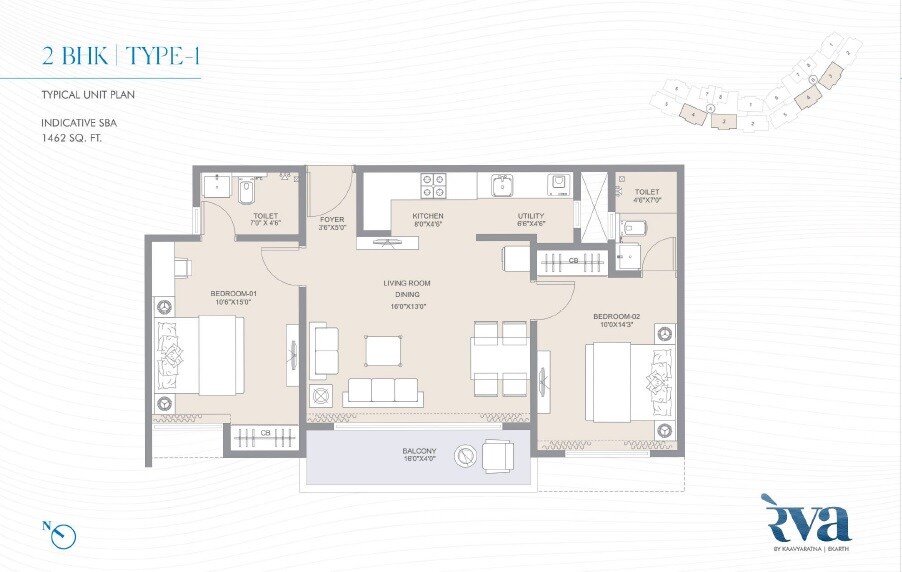 Floor plan of 2 BHK 1462 Sq. Ft. Apartment in Kaavyaratna Reva, Ahmedabad