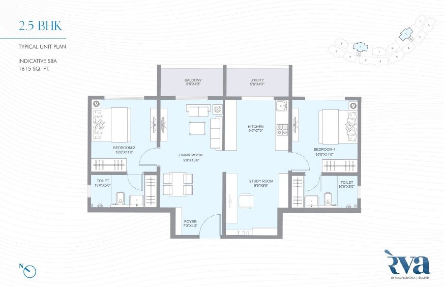Floor plan of 2 BHK 1615 Sq. Ft. Apartment in Kaavyaratna Reva, Ahmedabad