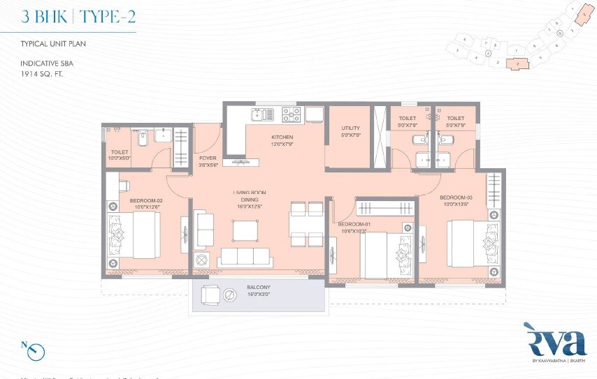 Floor plan of 3 BHK 1914 Sq. Ft. Apartment in Kaavyaratna Reva, Ahmedabad