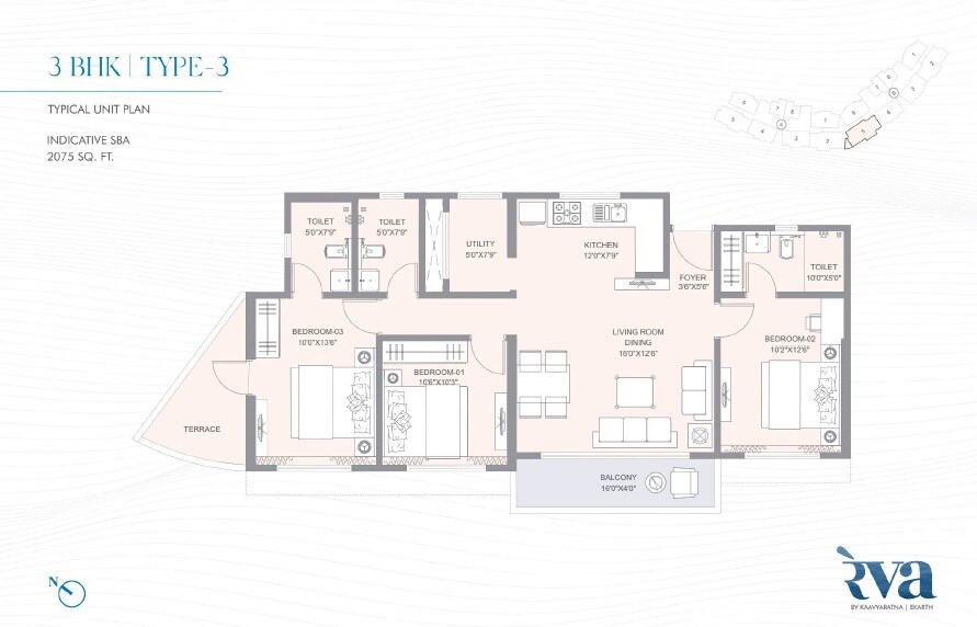 Floor plan of 3 BHK 2075 Sq. Ft. Apartment in Kaavyaratna Reva, Ahmedabad