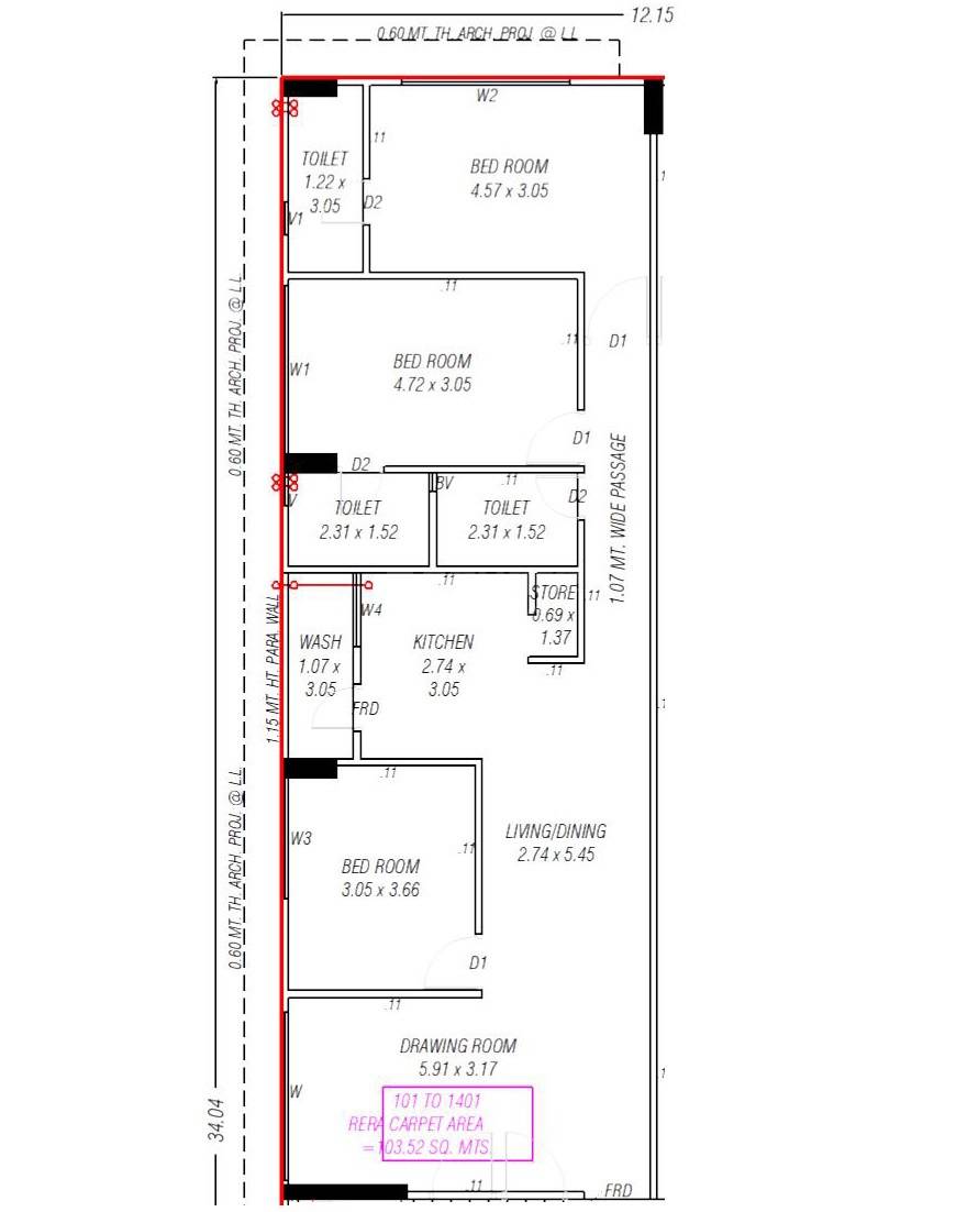 Floor plan of 3 BHK 1114 Sq. Ft. Apartment in Kamal 24 Carat Gold Coin Apartments, Ahmedabad